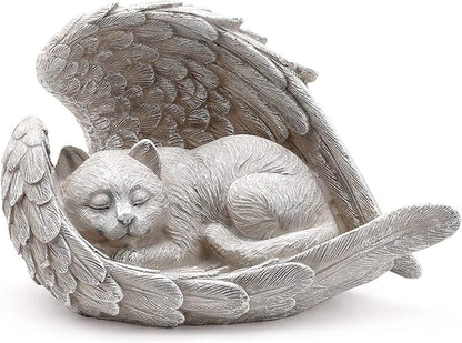 Napco Sleeping Cat Within Angel Wings 8.5 x 5.5 Resin Stone Pet Memorial Figurine, Concrete Grey