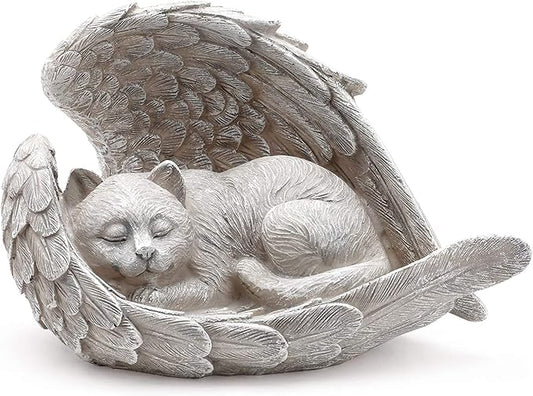 Napco Sleeping Cat Within Angel Wings 8.5 x 5.5 Resin Stone Pet Memorial Figurine, Concrete Grey