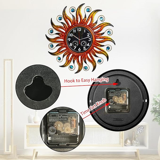 COOZZUHOUR 25 Inch Metal Sun Outdoor Shaped-Clock with Thermometer and Hygrometer Combo, Battery-Powered 10-inch Waterproof Dial and Silent Quartz Movement for Home Decorative Gifts(Orange)