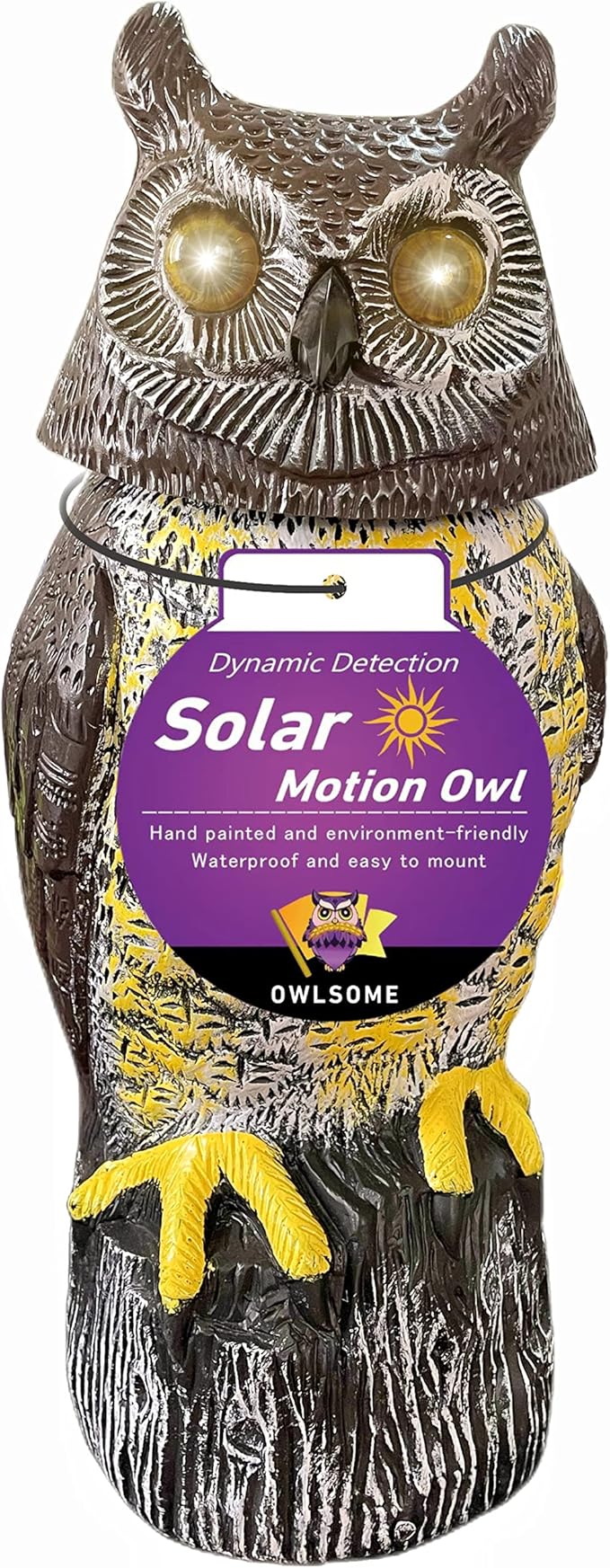 Owlsome Solar Owl with Glowing Eyes, Rotating Head, Hoot Sound, Motion Detector and Silent Mode, Plastic Owl Garden Sculpture, Garden Decoration