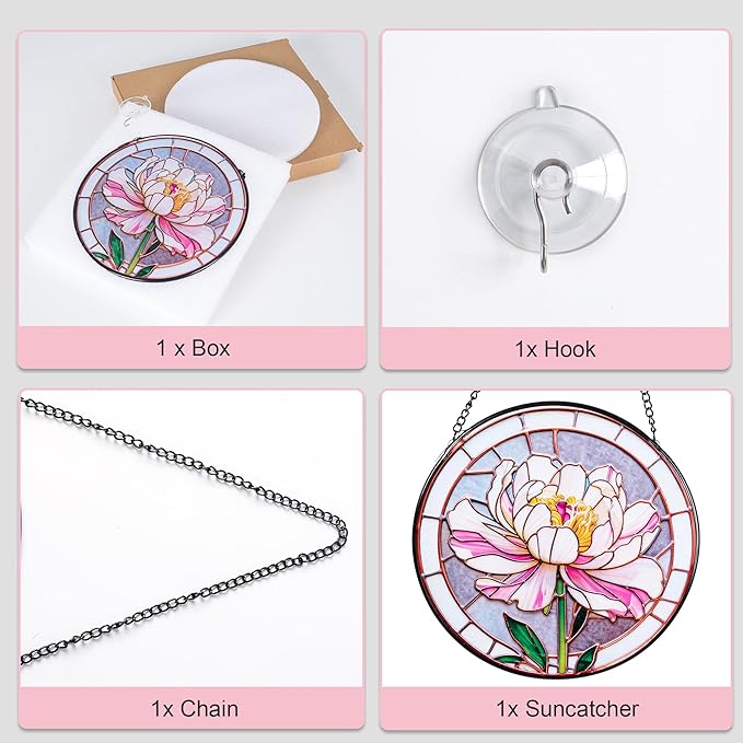 Stained Glass Window Hanging, Pink Peony Suncatcher 7.8 in Sun Catcher Glass Panel Boho Wall Art Decor with Chain Diamond Glass Panel Hangings Scenery Sun Catchers Decor for Lover Couple Mom