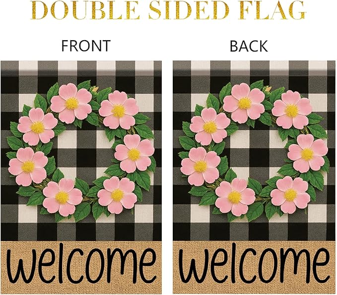 Buffalo Plaid Welcome Wreath Garden Flag Pink Wild Rose Flower Flag 12x 18 Inch Double Sided Spring Outdoor Fall Autumn Farmhouse Outdoor Small Decor for Porch Lawn Patio Yard