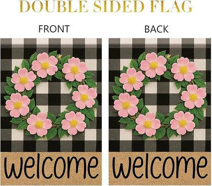 Buffalo Plaid Welcome Wreath Garden Flag Pink Wild Rose Flower Flag 12x 18 Inch Double Sided Spring Outdoor Fall Autumn Farmhouse Outdoor Small Decor for Porch Lawn Patio Yard