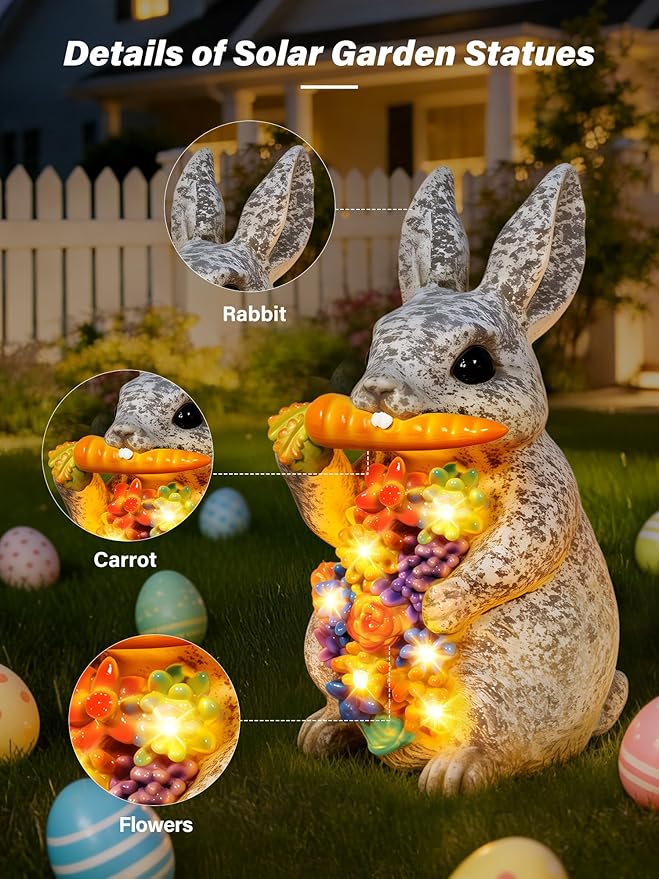 Guhope Solar Garden Statues, Outdoor Solar Bunny Easter Decor with Succulent and 6 LED Lights, Outside Yard Figurine Decor for Garden, Lawn, Patio, Balcony, Porch, Unique Gifts for Mom Grandma
