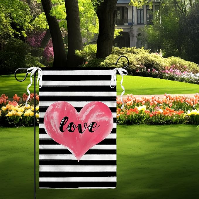 Love Heart Garden Flag Valentines Day Strips Yard Flag Outside Double Sided Anniversary Wedding Burlap Garden Flags Pink Love House Banner for Outdoor Valentine Decor 12x18 Inch