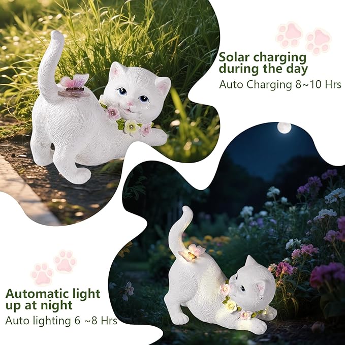 Solar Garden Statue Cat Figurine, Resin Solar Lights with Flower Decor for Outside, Yard Art Patio Balcony Lawn Decorations, Unique Gifts for Mom Grandma Women and Cat Lover (White)