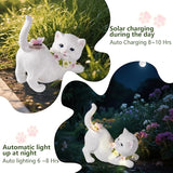 Solar Garden Statue Cat Figurine, Resin Solar Lights with Flower Decor for Outside, Yard Art Patio Balcony Lawn Decorations, Unique Gifts for Mom Grandma Women and Cat Lover (White)