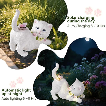 Solar Garden Statue Cat Figurine, Resin Solar Lights with Flower Decor for Outside, Yard Art Patio Balcony Lawn Decorations, Unique Gifts for Mom Grandma Women and Cat Lover (White)