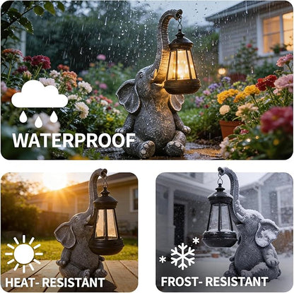 Solar Elephant Statue Outdoor Garden Decor - 10" Resin Elephant Figurine with Hanging Solar Lantern, Waterproof Patio Yard Art, Lucky Elephant Gifts for Women Mom Housewarming