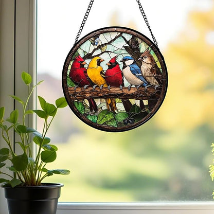 Stained Glass Window Hanging Cardinal on Branch 9.8" - Brown Suncatcher Door Garden Patio Sun Catcher Home Decor Christmas for Bird Lovers Mom Woman Grandma Men Nana
