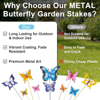 hogardeck Garden Decor for Outside, Set of 10 Metal Butterfly Decorative Garden Stakes for Spring Decor, Yard Art Garden Decorations for Outdoor Lawn Pathway Patio
