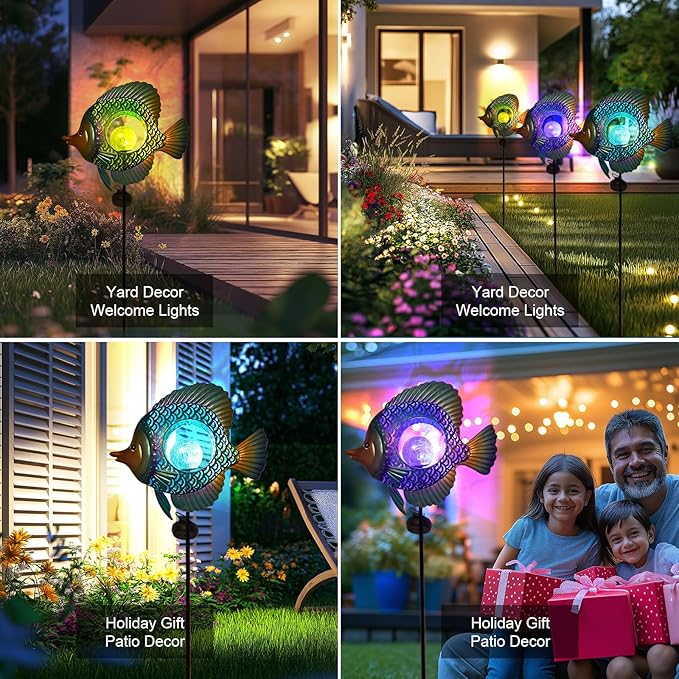 HONGLAND Solar Outdoor Lights -Metal Fish Decorative Stake- Garden Colorful LED Solar Path Lights for Lawn Path Yard Decoration Gift Idea