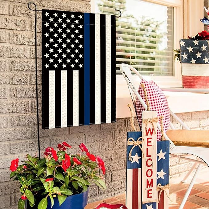 AVOIN colorlife Thin Blue Line Garden Flag 12x18 Inch Double Sided, American Stars and Stripes Police Officers Solidarity Yard Outdoor Decoration
