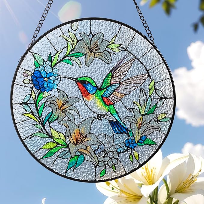 Sun Catcher Stained Glass Window Hanging 8 inch Birds & Flowers Suncatcher Wall Art Home Decor Sun Catchers Decoration for Garden Home Housewarming Gifts