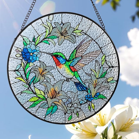 Sun Catcher Stained Glass Window Hanging 8 inch Birds & Flowers Suncatcher Wall Art Home Decor Sun Catchers Decoration for Garden Home Housewarming Gifts