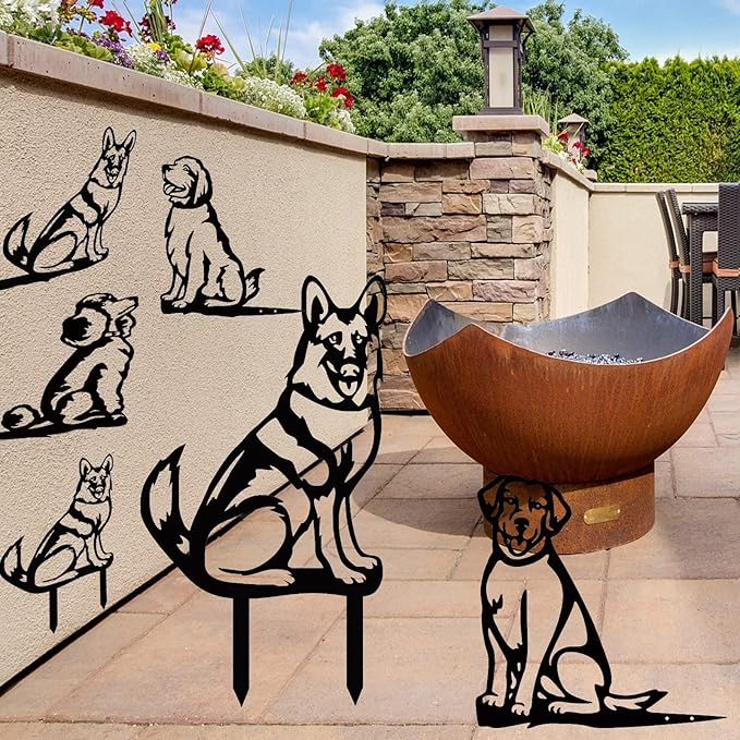 Metal Dog Garden Statue, Outdoor Yard Art Dog Silhouette Decoration Black Garden Stake for Yard Garden Lawn