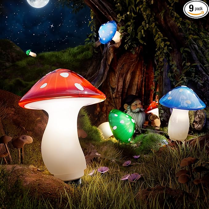 BITPOTT Solar Mushroom Lights Outdoor, 9 Pack 30FT Multicolor 8 Modes Solar Garden Lights, IP65 Waterproof Pathway Light Outdoor Decoration for Party, Garden, Yard, Patio, Lawn Decor (Multicolor)