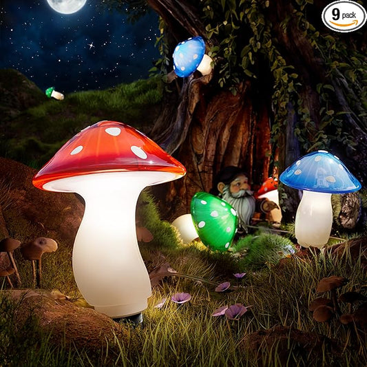 BITPOTT Solar Mushroom Lights Outdoor, 9 Pack 30FT Multicolor 8 Modes Solar Garden Lights, IP65 Waterproof Pathway Light Outdoor Decoration for Party, Garden, Yard, Patio, Lawn Decor (Multicolor)