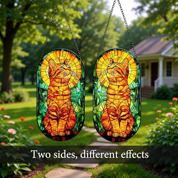 Stained Glass Window Hanging - Oval Orange Cat Sun Catcher, Suncatchers Ornaments Decor for Indoor Cling Garden, Birthday Gifts for Women Men Mom Wife Home Art Decor 7.8in