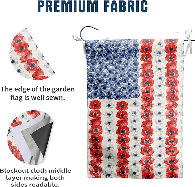 Patriotic Flower American Garden Flag Spring Summer Yard Decor 4th of July Memorial Independence Day Decorations Red White Blue Poppy Banner for Outside 28x40 Double Sided