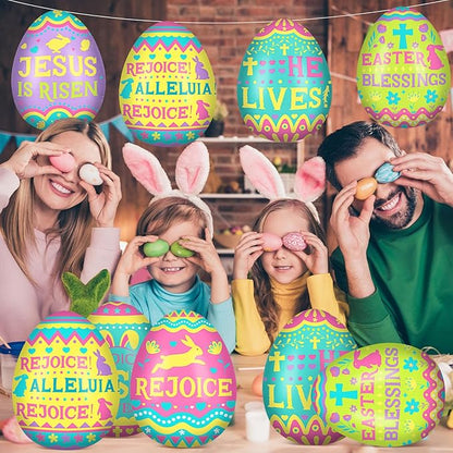 Jetec 12 Pcs 12 Inch Religious Easter Egg Inflatable Decorations Hanging Inflatable Easter Egg Outdoor Decorations Large Christian Eggs Spring Jesus is Risen Yard Decor for Church Lawn Garden