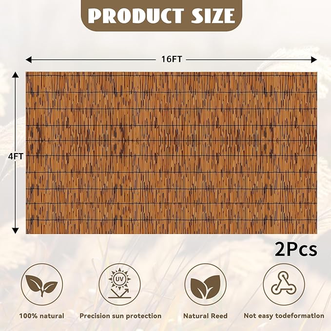 KOIUEYW Bamboo Reed Fencing, Light Russet Bamboo Fence Rolls 4 Feet High, Decorative Reed Screen Privacy Curtains for Patio Balcony Garden Backyard Outdoor, 4 x 16 FT (2 Pcs)