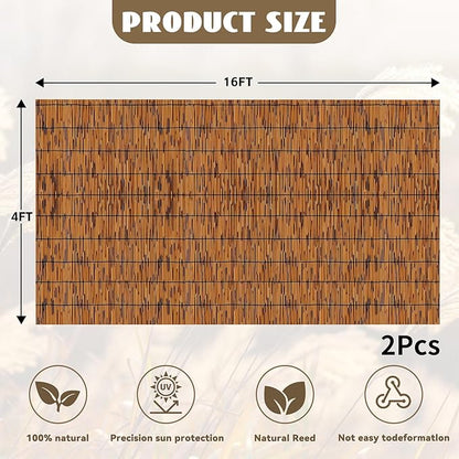 KOIUEYW Bamboo Reed Fencing, Light Russet Bamboo Fence Rolls 4 Feet High, Decorative Reed Screen Privacy Curtains for Patio Balcony Garden Backyard Outdoor, 4 x 16 FT (2 Pcs)