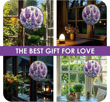 Lavender Stained Glass Window Hanging, 7.9" Lavender Butterfly Sun Catcher Glass Panel with Chain, Lavenders Gifts Hand Painted Round Wall Art Gifts for Women, Lavenders Decor Housewarming Gift