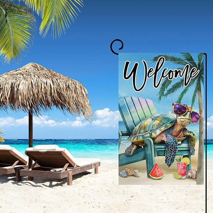 BLKWHT Summer Beach Sea Turtle Garden Flag 12x18 Vertical Double Sided Blue Welcome Ocean Holiday Outside Decorations Burlap Yard Flag BW814