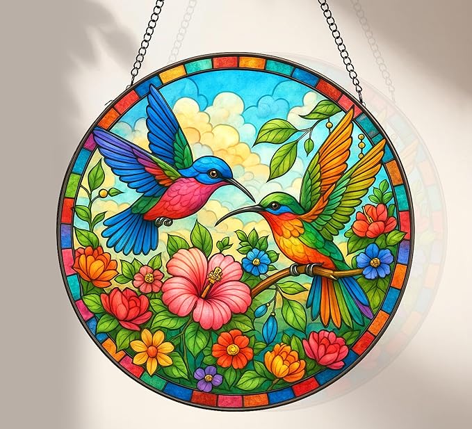 Stained Glass Window Hanging, Hummingbirds Sun Catchers Stained Glass Panels for Indoor Windows Wall Art Decor, Birthday Gift for Mom Women Wife Men Lovers (7.87inch)