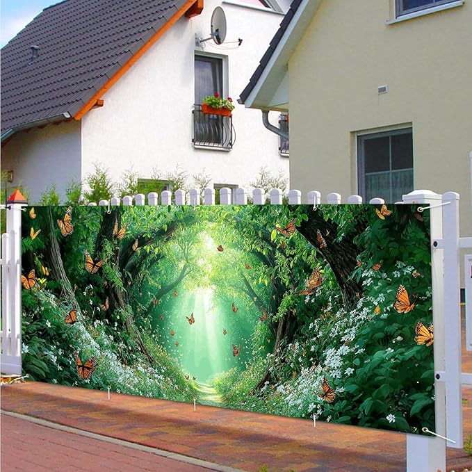16x7 ft Enchanted Forest Banner for Two Car Garage - Fits Double Garage Door, Magical Sunlight Forest Path with Butterflies Large Backdrop, Garden Yard Sign & Meditation Space