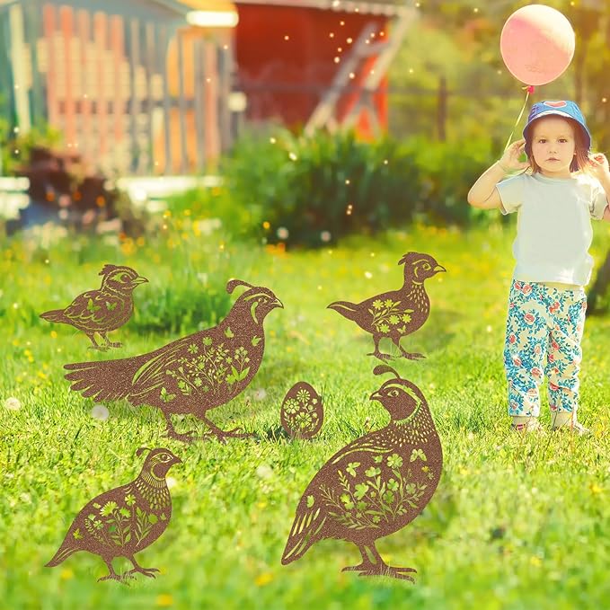 Metal Garden Stakes for Outside - 6 Pcs Quail Decor Yard Art Statues Outdoor Waterproof Figurine Silhouette Patio Lawn Pathway Backyard Ornaments Birthday Gift for Women Mom Grandma Wife