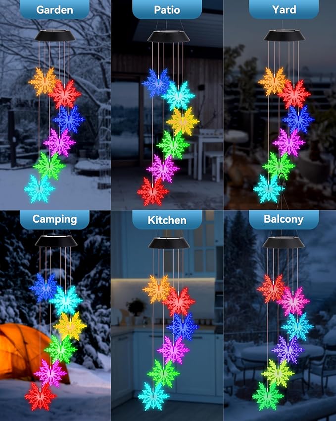 DOUBLEZHE Solar Wind Chimes for Outside, Color Changing Snowflake Wind Chimes, Birthday Gifts for Women Mom Grandma, Waterproof Outdoor LED Decorations Mobile Lights for Garden Patio Yard Party Decor
