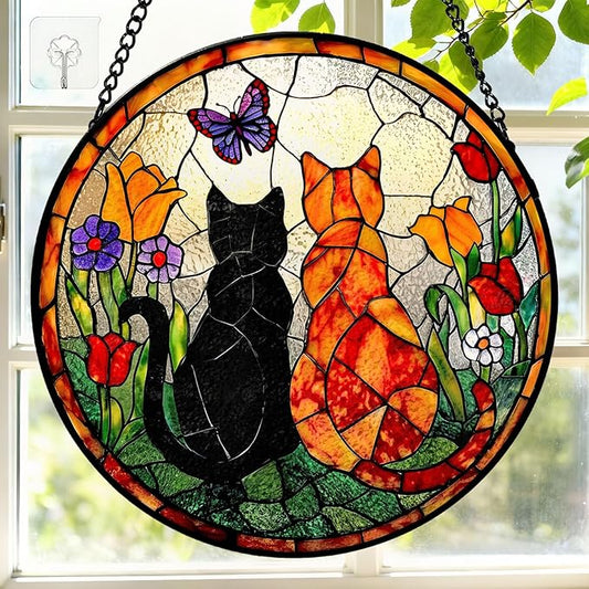 7.8 Inch Stained Glass Window Hanging Cats Flowers Butterfly Sun Catcher Indoor Window Door Wall Yard Home Decor Colorful Glass Panel Suncatcher Gifts for Women Men Mom Grandma