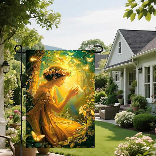 IVN Enchanted Fairy Garden Flag 12x18 Spring Outdoor Yard Flag with Flower Crown Fairy & Glowing Butterflies Double Sided Seasonal Lawn Decor for Garden Porch or Patio