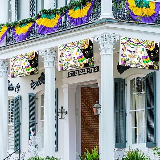 SENSEVEN Black Cat Mardi Gras Flags for Outside 3x5 Ft, Spring New Orleans Carnival Flag, Mask Feather Beads Cat Yard Flag Kitten Holiday Outdoor Banner for Farmhouse Decor, Mardi Gras Party Supplies