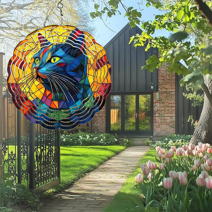 Cat Wind Spinners Outdoor, Hanging Wind Spinner for Garden Decoration, 8 inch 3D Stainless Steel Metal Wind Sculpture for Indoor/Outdoor Decor