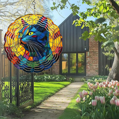 Cat Wind Spinners Outdoor, Hanging Wind Spinner for Garden Decoration, 8 inch 3D Stainless Steel Metal Wind Sculpture for Indoor/Outdoor Decor
