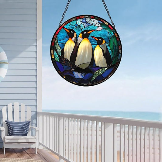 CHATYOUNG Stained Glass Window Hanging Blue Ocean Penguin Landscape Large 11.8" - Fine Suncatcher Door Garden Sun Catcher Decor Birthday Christmas for Mom Woman Nana Friend Men Wife
