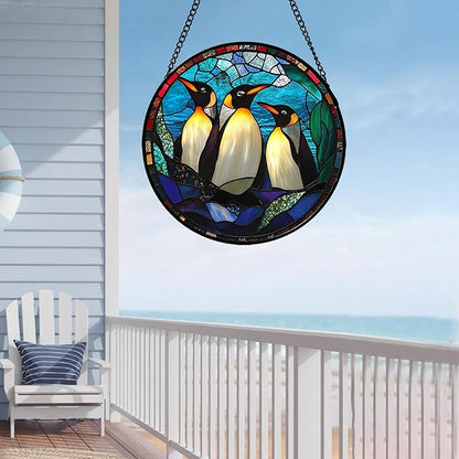 CHATYOUNG Stained Glass Window Hanging Blue Ocean Penguin Landscape 6.3" - Fine Suncatcher Door Garden Sun Catcher Decor Birthday Christmas for Mom Woman Nana Friend Men Wife