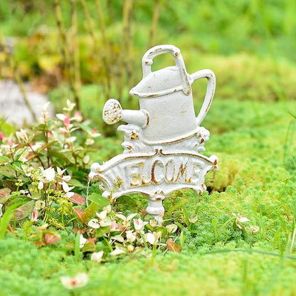 Sungmor Vintage Cast Iron Decorative Garden Stake, Rustic White Welcome Yard Art Sign with Stake, 12.6" Tall Metal Watering Can Stake with Welcome Sign, Lawn Patio Backyard Outdoor Spring Decor