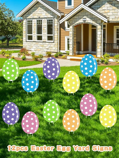 12Pcs Easter Yard Signs Outdoor Decorations Pastel Easter Egg shaped Yard Sign with Stakes Colorful Eggs Garden Signs for Garden Lawn Home Party Supplies (12 Pcs Eggs)