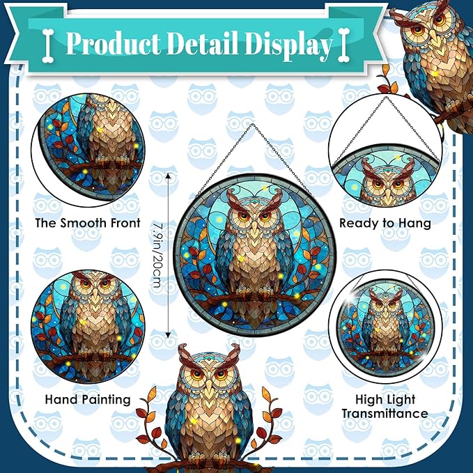 Owl Stained Glass Window Hanging, 7.9" Owl on a Branch Suncatcher for Window Doors Home Decoration, Owls Decor for Home, Mother's Day Christmas Birthday Gifts for Owls Lovers Women Men