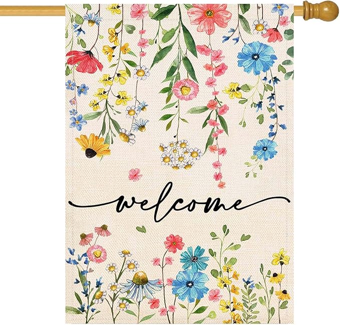 Baccessor Spring Summer Welcome Floral House Flag 28x40 Inch Double Sided Large Yard Flag Outside Outdoor Seasonal Burlap Flowers Flags Home Patio Decoration