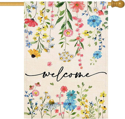 Baccessor Spring Summer Welcome Floral House Flag 28x40 Inch Double Sided Large Yard Flag Outside Outdoor Seasonal Burlap Flowers Flags Home Patio Decoration