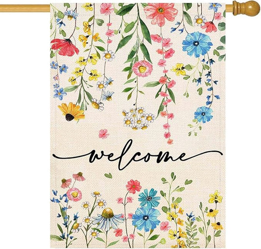 Baccessor Spring Summer Welcome Floral House Flag 28x40 Inch Double Sided Large Yard Flag Outside Outdoor Seasonal Burlap Flowers Flags Home Patio Decoration