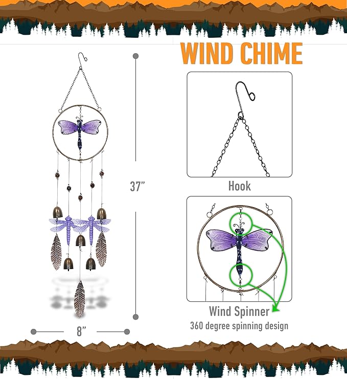 CoTa Global Purple Dragonfly Hanging Metal Wind Spinner Wind Chime - Relaxing Harmonic Indoor or Outdoor Wind Spinner for Yard, Garden, Porch Patio, Beautiful Unique Art Ornament Mobile - 37 Inch