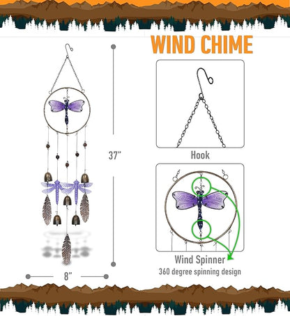 CoTa Global Purple Dragonfly Hanging Metal Wind Spinner Wind Chime - Relaxing Harmonic Indoor or Outdoor Wind Spinner for Yard, Garden, Porch Patio, Beautiful Unique Art Ornament Mobile - 37 Inch