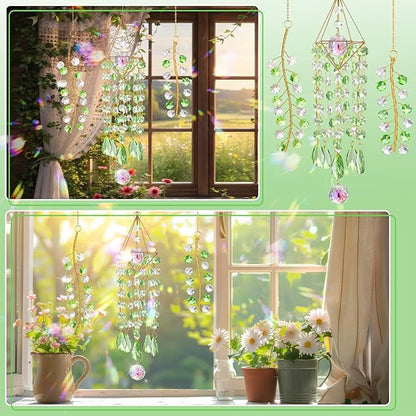 Crystal Suncatcher 3 PCS Hanging Prism Window Decor, Green Glass Sun Catcher with Metal Frame and Rainbow Light Reflection for Indoor Outdoor Garden Patio