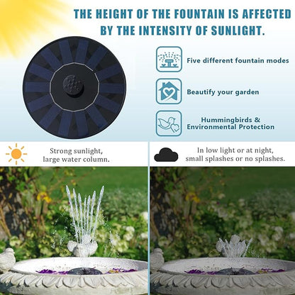 Solar Bird Bath Fountain Pump 6.3" | Floating Solar Fountain with 7V 1.4W Panel | Solar Water Pump for Bird Bath, Pond, Garden & Outdoor Water Features | 5 Spray Patterns